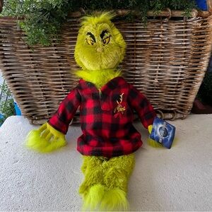 Mr. Grinch Christmas Plush Toy in Red and Black Plaid pajama Outfit